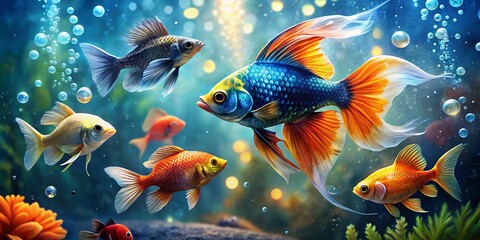 Fototapeta premium Vibrant Underwater World: A Bokeh Effect Illustration of Colorful Tropical Fish, Including Betta, Koi, and Angelfish Amidst Silhouettes and Bubbles for Aquatic Decor