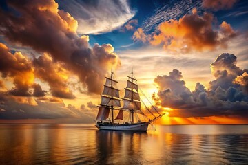 Obraz premium Vintage Sunset Landscape with a Sailing Ship on the Sea, Capturing the Tranquil Beauty of Nature's Horizon in Warm Tones, Perfect for Nautical and Travel Themes
