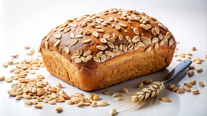 Whole Oat Bread with Oat Flakes on White Background - A Visual Delight of Healthy Baking, Perfect for Food Blogs, Recipes, and Nutritional Content in Culinary Photography