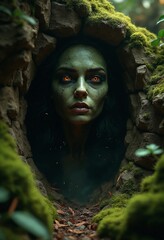 Dark gothic art, ancient being emerging from stone, moss-covered features