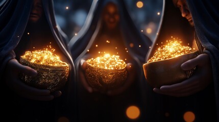 Three hooded mystics holding ornate bowls filled with glowing golden light, creating a mystical and enchanting scene with warm, magical illumination