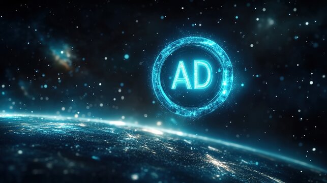 Bright holographic ad icon in space over Earth