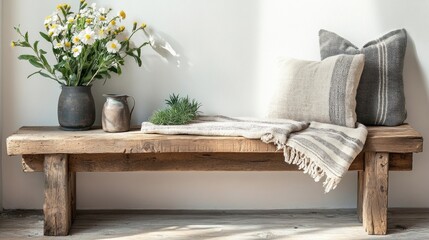 A rustic wooden bench sits serenely in a sunlit corner, draped with a soft, striped throw. Stylish pillows complement a vase of fresh daisies and herbs, creating a welcoming spring ambiance