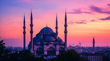 Fototapeta premium A stunning silhouette of a mosque against a vibrant sunset sky.