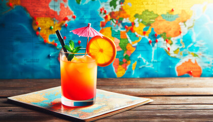 Glass of orange juice with straw and pink umbrella on top, on coaster with map of world behind it, World Cocktail Day and Cocktail Straw