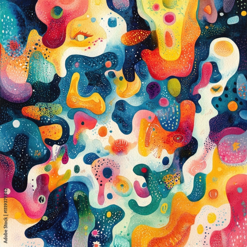 Poster vibrant watercolor harmony with trippy groovy patterns and retro elements creating captivating bohem