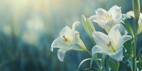 Obraz premium A close-up of white Easter lilies in bloom, symbolizing the purity and renewal of the holiday.