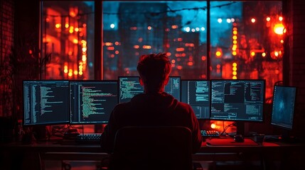 A man is sitting in front of a computer with a monitor displaying a city view