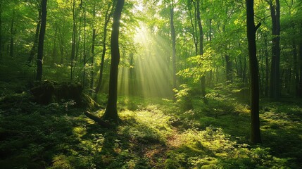 Obraz premium Sunbeams Illuminating a Lush Green Forest