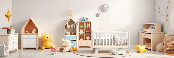 Modern baby room interior featuring stylish furniture and designer toys, design, baby room