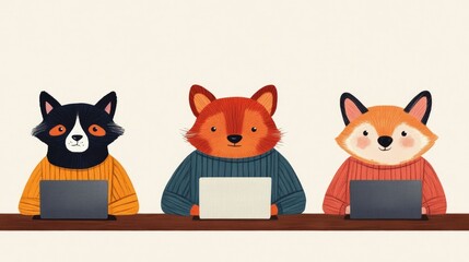 Cartoon Animated Animals Working at Laptops in Modern Coworking Office Space Environment  of Cute Raccoon Fox Characters Collaborating and Using Digital Devices in Innovative Workspace