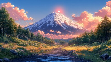 Fototapeta premium Awe-inspiring Mountain Landscape at Sunrise, A Serene Valley Path and Picturesque Forest