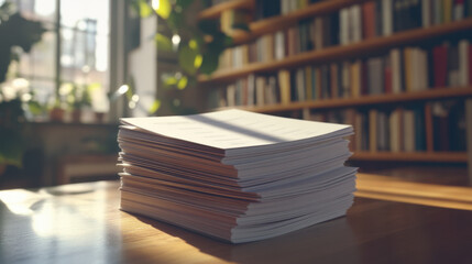 stack of thin, bound company brochures rests on wooden table, illuminated by soft sunlight....