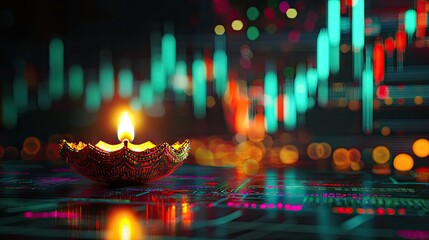 A diwali diya on the table with stock market charts in the background and a trading graph, an Indian Diwali celebration, vibrant colors, a detailed 