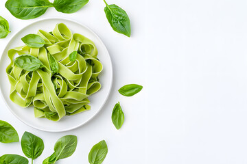 Top view tagliatelle green pasta with basil leaves on white plate with spinach isolated on white background