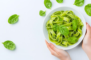 Obraz premium Top view tagliatelle green pasta with basil leaves on white plate with spinach isolated on white background