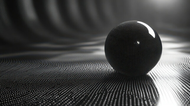 Futuristic Black Fractal Sphere on Gridlike Metallic Surface with Ferrofluid Patterns