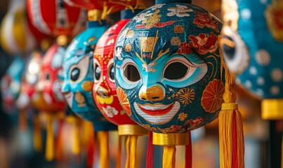 Peking Opera.Traditional Chinese opera masks  adorned with floral patterns and golden crowns.  cultural articles, travel  about China,  traditional Asian craftsmanship 