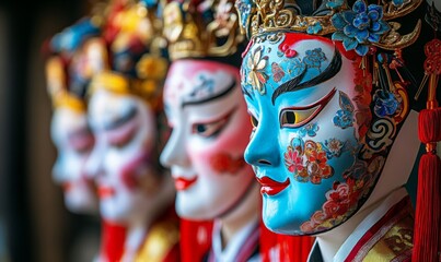 Peking Opera.Traditional Chinese opera masks  adorned with floral patterns and golden crowns.  cultural articles, travel  about China,  traditional Asian craftsmanship 