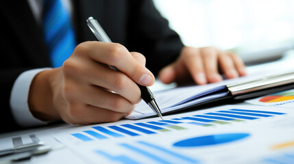 Business person analyzing financial data with graphs and charts, taking notes with pen. focus is on hand and documents, conveying professionalism and attention to detail