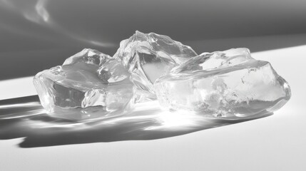 Obraz premium Clear ice cubes on white surface, illuminated by sunlight, casting shadows.