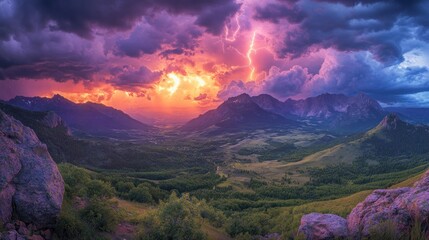 Dramatic sunset with lightning strike over mountain range and valley.