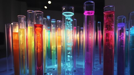 Colorful Liquids in Glass Test Tubes Array
