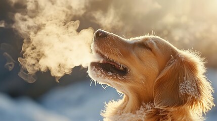 Golden Retriever Breathing in Cold Air with Visible Breath and Snow on Fur While Enjoying a Winter Day in a Natural Setting