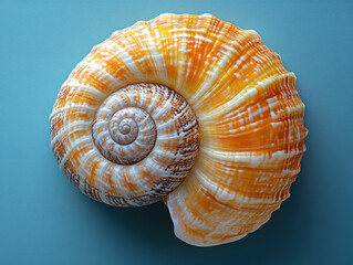Beautiful spiral sea snail shell with vibrant orange and white patterns on blue background, showcasing nature intricate design and elegance