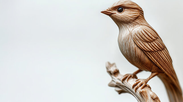 Hand carved wooden bird perched on branch, showcasing intricate details and craftsmanship. This decorative piece adds natural touch to any space