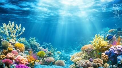 Obraz premium Colorful coral formations stretch across the ocean floor, illuminated by radiant beams of sunlight piercing through the water