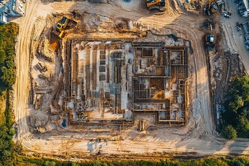 Sunlit construction site with active machinery from above