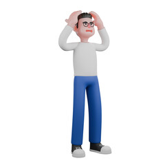 Cartoon Character 3D Model Video Editor Design. A male video editor stands with both hands holding his head, frustrated expression. Professional Illustration