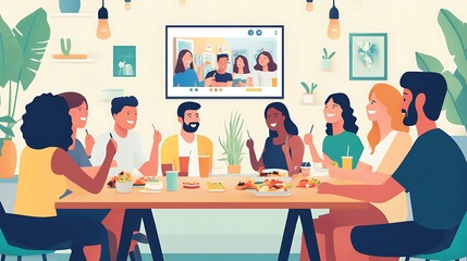 A group of friends engaged in a lively video call, participating in a virtual trivia game, with snacks and drinks on the table 