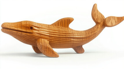 Fototapeta premium Handmade wooden whale figurine, charming marine animal crafted from natural wood, perfect for decor or as gift