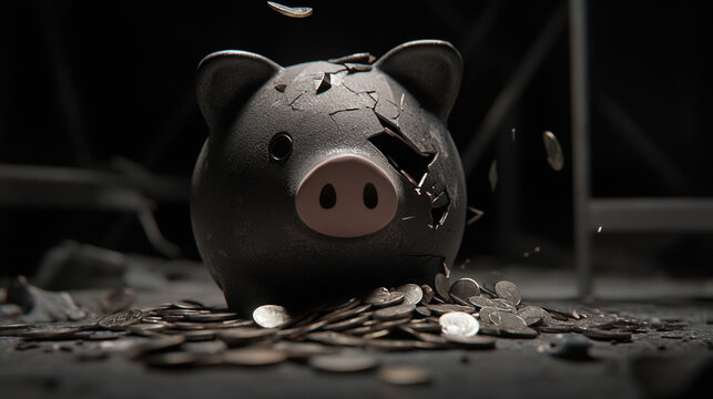 Broken piggy bank with coins scattered around, symbolizing financial struggle and the need for careful budgeting and saving.