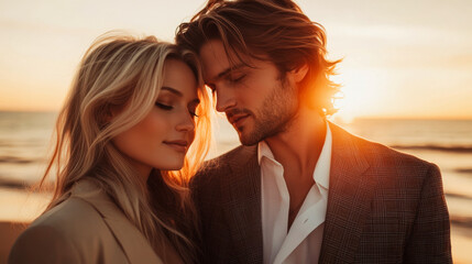 A romantic couple on the beach at sunset