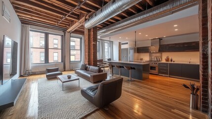 Naklejka premium Minimalist loft design featuring a sleek kitchen and open living space, filled with natural light.