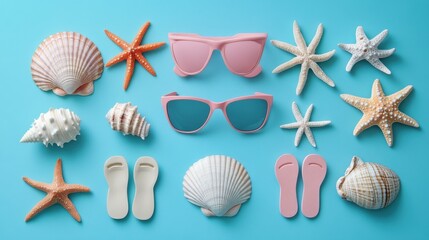 Obraz premium Minimalistic beach concept. Sea symbols idea. Sunglasses, flip flops, starfishes and seashell on pastel blue background. Creative summer concept. Holiday composition.