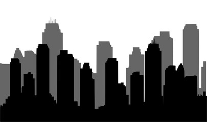 A silhouette of a city skyline against a white background.