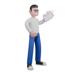 Video Editor in Cartoon Style 3D Model Illustration. A male video editor stands with his left hand holding Wifi and his left hand clenched at his side. Design Character