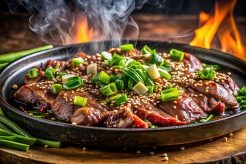 Sizzling Beef Plate: Long Exposure Photography of Grilled Steak with Scallions & Sesame Seeds