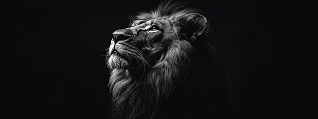 Striking black and white lion with fierce face on black background
