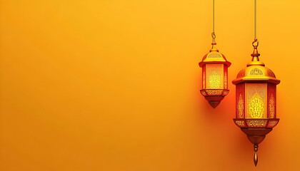 Two ornate lanterns hanging against a bright orange background, symbolizing warmth and celebration.