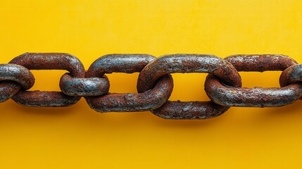 Fototapeta premium Close-up of a weathered metal chain against a vibrant yellow background. A study in rust and resilience, showcasing the enduring strength of industrial components.