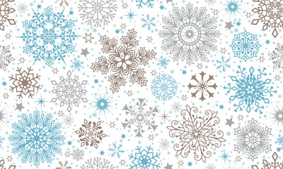 Vector seamless Christmas and New-Year hand drown pattern with lace doodle snowflakes and stars on a transparent background