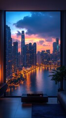 Evening Cityscape from a High-Rise Window: Stunning Urban Views at Dusk