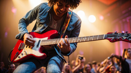 Obraz premium Close-up of hands of a musician playing guitar on stage