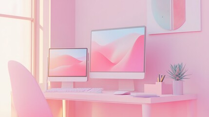 Pink minimalist workspace with desktop computers and accessories