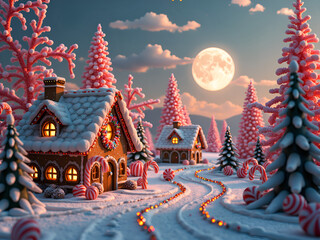 Charming gingerbread village under a full moon in a snowy landscape with candy canes and pink trees, digital painting of fantasy landscape concept.